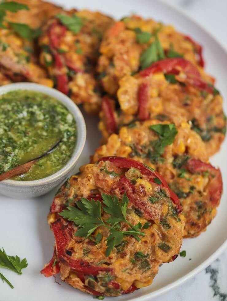 Sweetcorn Fritters with Chermoula Dip - Weighless Wonders